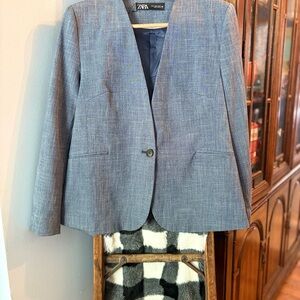 Zara Women’s One Button No-Lapel Blazer - Blue (12)